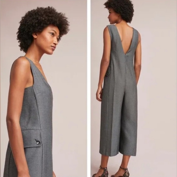 Anthropologie Cartonnier Oxford Herringbone Jumpsuit Wide Leg Cropped Size S.. - Picture 12 of 16